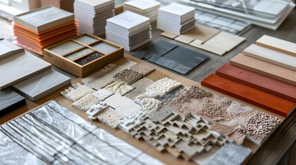 Interior design materials and color samples with flooring