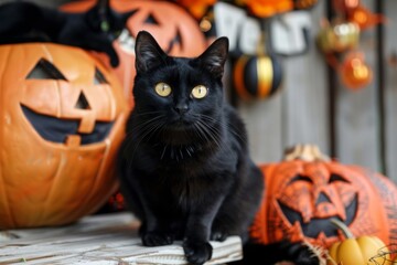 Black cat with yellow eyes in front of Halloween pumpkins and decorations.
