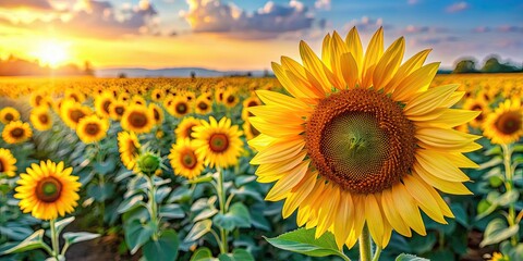 Fototapeta premium Vibrant sunflower field with close-up of flowers , sunflowers, field, nature, bright, yellow, petals, blooming, summer