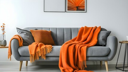 Orange blanket on grey sofa in modern apartment interior