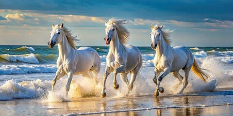 White horses running on the beach, horses, beach, running, waves, sand, majestic, freedom, movement, speed, power, coastline, nature