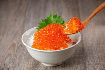 ご飯にイクラをたっぷりのせて食べる