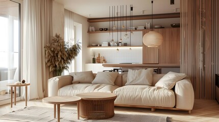 Japandi living room interior with cozy beige couch