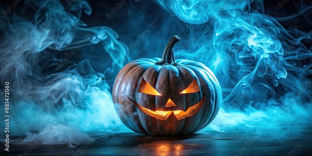 Wall mural Mystical blue Halloween jack-o-lantern surrounded by ethereal smoke, concept of spooky elegance, Halloween, mystical