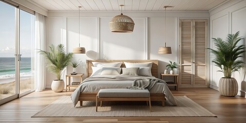 Simple cozy Coastal bedroom interior background with a home mockup in render, coastal, bedroom, interior, background, mockup, render