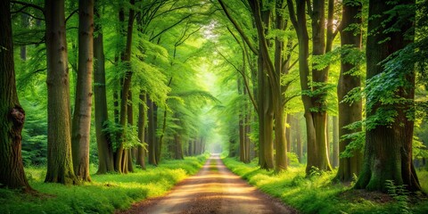 Obraz premium Serene forest path leading through lush greenery and towering trees, wilderness, wonderland, adventure, forest, path, nature