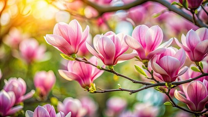 Obraz premium Pink magnolia flowers blooming in the springtime with a nature background , pink, magnolia, flowers, spring, nature, bloom