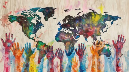 Picture of many hands Raised sideways in multi-colored world map in background. International Democracy Day.