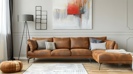 Real photo of a cozy brown corner sofa with decorative elements