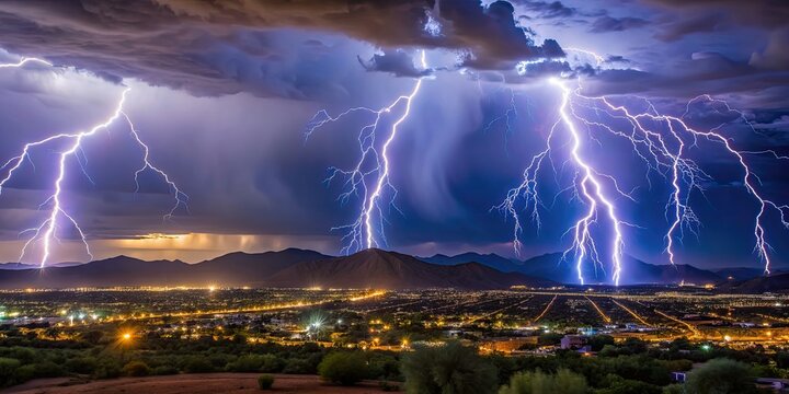 Lightning storm illuminating the night sky over Tucson, Arizona during monsoon season, Lightning, storm, Tucson, Arizona