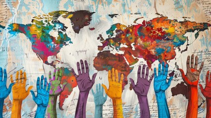 Fototapeta premium Picture of many hands Raised sideways in multi-colored world map in background. International Democracy Day.
