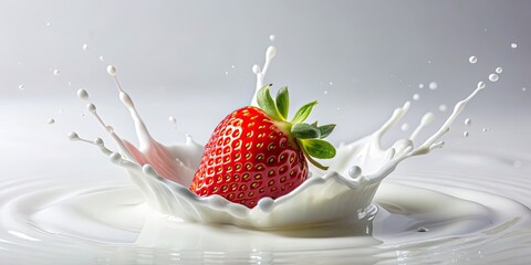 Strawberry falling into milk splash, strawberry, milk, splash, fruit, red, white, healthy, fresh, organic, food photography
