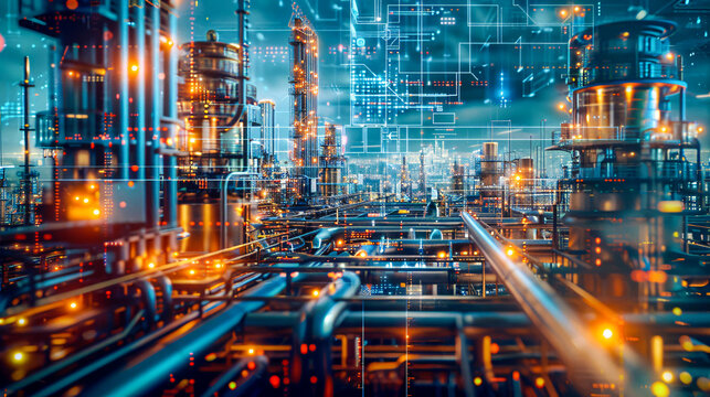 Innovative industrial plants featuring holographic images and modern technological advancements