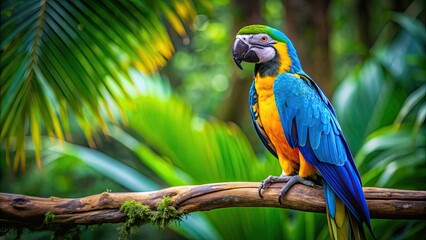 Vibrant blue and yellow macaw perched on a tree branch in the rainforest, macaw, blue, yellow, colorful, exotic, tropical