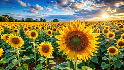Obraz premium Vibrant sunflowers blooming in a summer garden , yellow, petals, nature, plant, field, seeds, floral, garden, bloom, sunflower