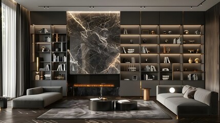Luxurious living room with marble wall fireplace and stylish bookcase
