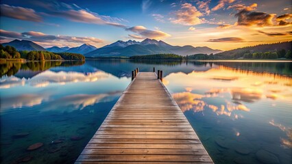 Obraz premium Wooden pier extending into calm lake with reflective water surrounded by mountains at sunset, sunset, lake, peaceful, pier