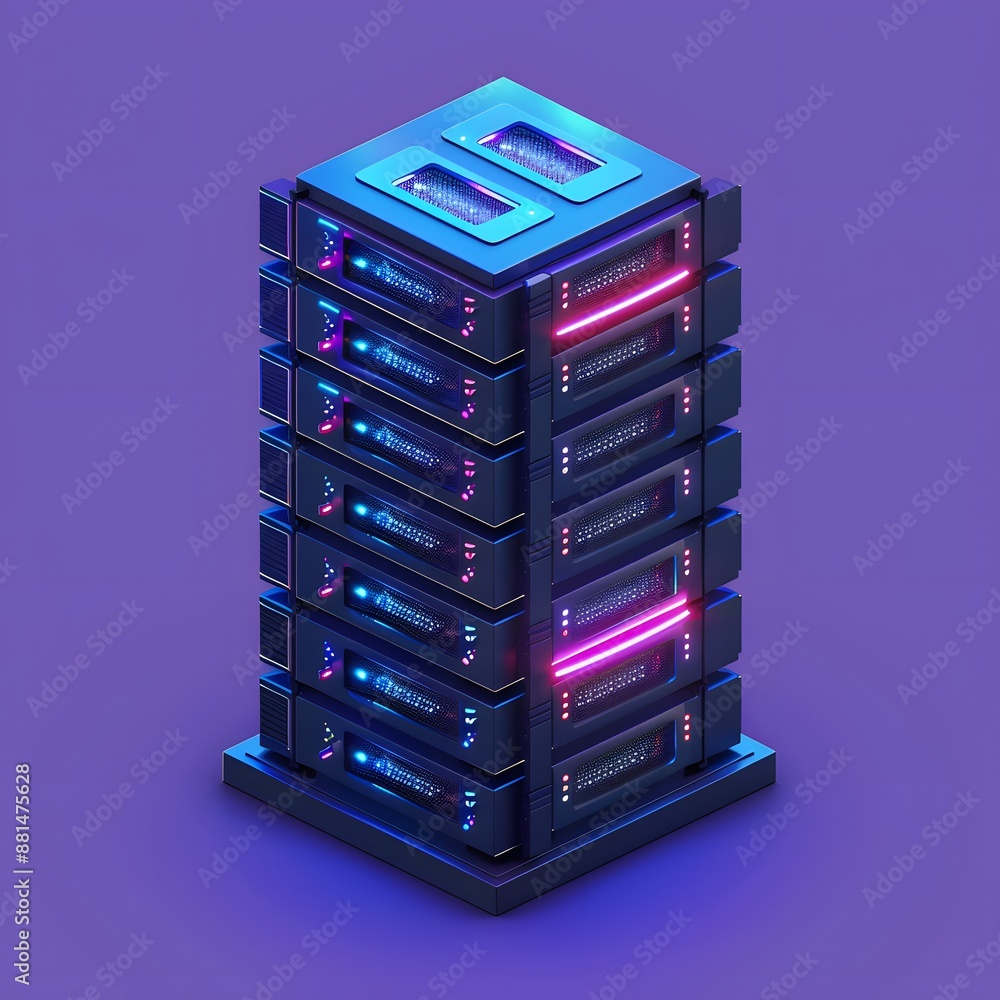 Poster futuristic neon server stack with glowing lights on a purple background representing advanced techno