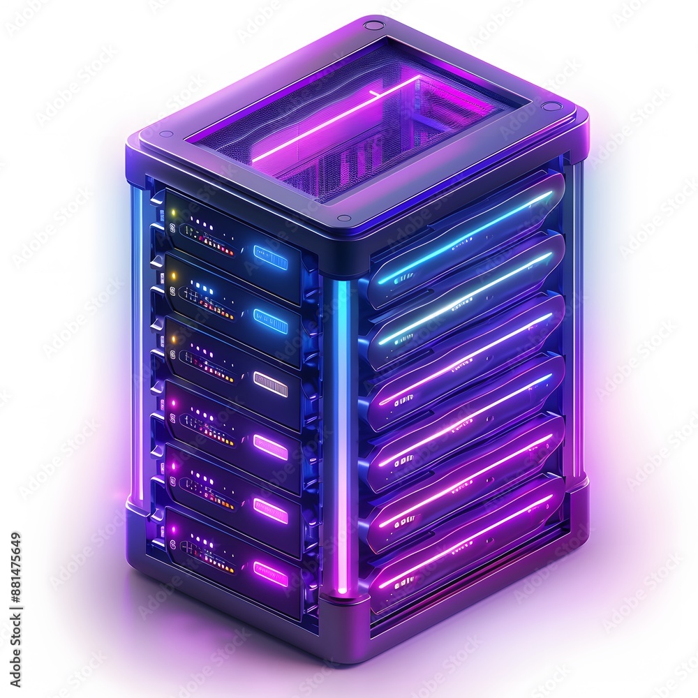 Poster futuristic neon-lit server with vibrant colors, representing advanced technology in data storage and