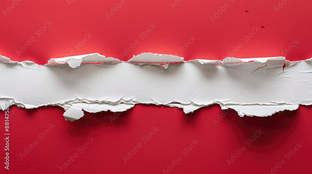 Poster torn white paper with ragged edges and red background copy space