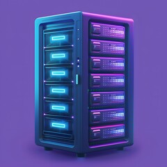 Futuristic server rack with glowing lights in blue and purple tones on a purple background.
