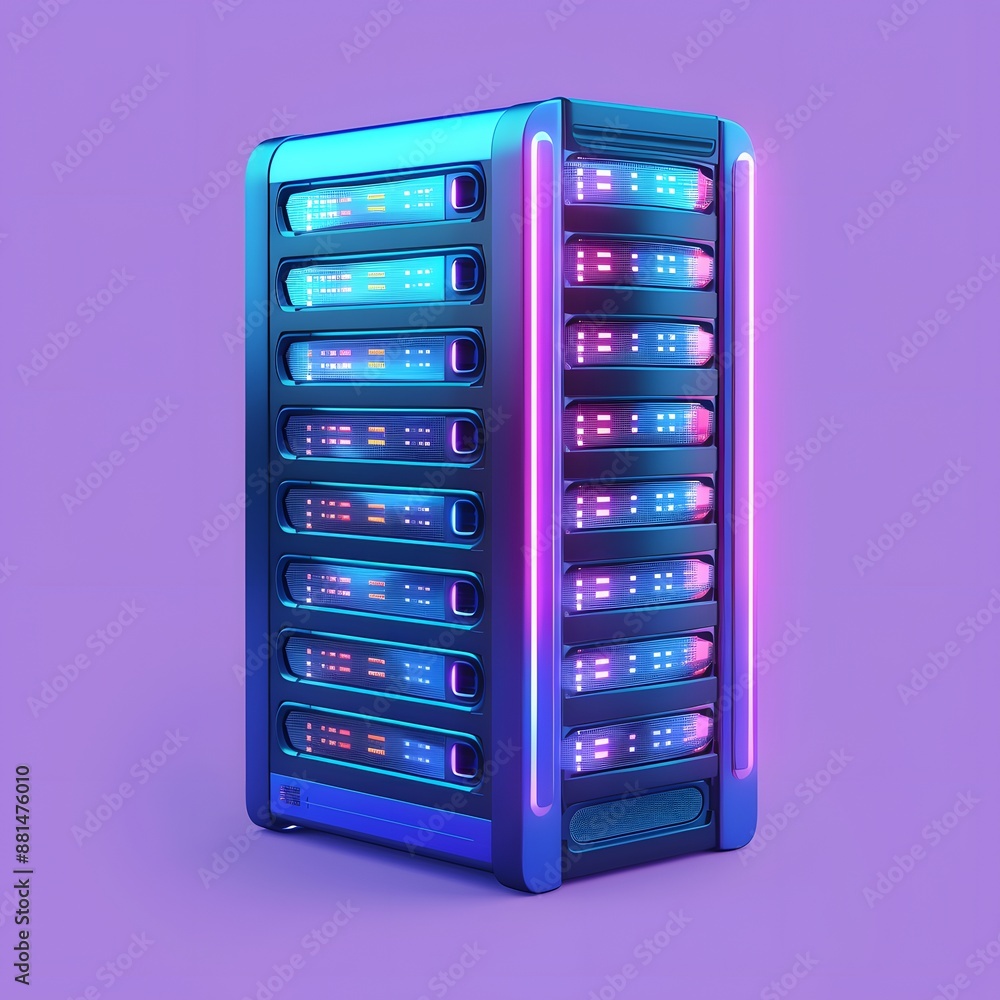 Poster futuristic server rack with neon lights, representing advanced technology and data storage solutions