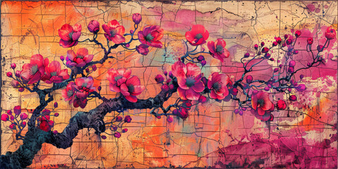 Fototapeta premium パネルの壁アート、壁の装飾、花のデザインの大理石の背景