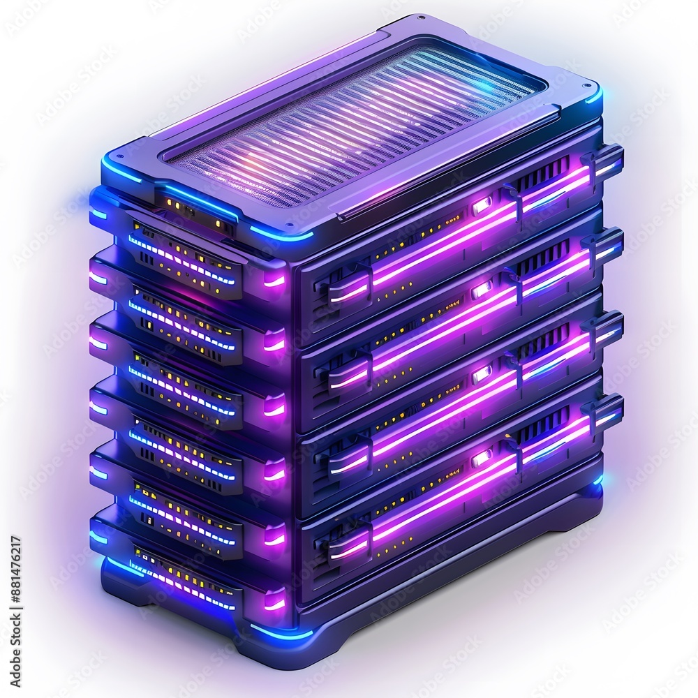 Poster futuristic server stack with vibrant neon lights and advanced technology, representing cutting-edge 
