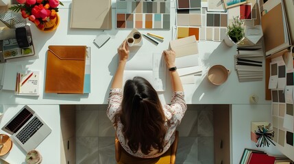 Overhead photo of woman interior designer working