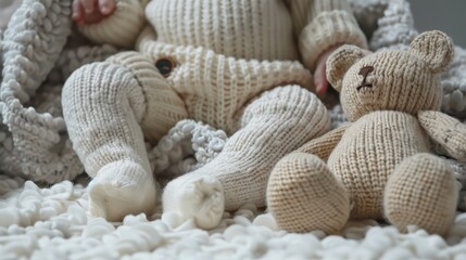Sweet Baby Feet in Colorful Socks on Soft Blanket with Adorable Stuffed Animal - Close-up of Infant's Toes and Playful Toy