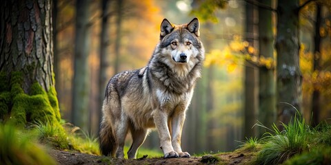 Obraz premium Majestic and powerful grey wolf standing in a forest clearing, wildlife, predator, strength, fearless, nature, wilderness, majestic