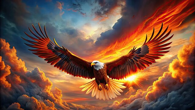 Majestic eagle with fiery flaming feathers soaring through the sky, Eagle, bird, fire, flames, wings, majestic, powerful, wingspan