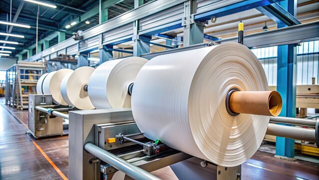 Roll of paper being printed on machine with stack of rolls and machine in background, paper, printing, machine