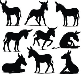 Donkey silhouette vector illustration set collection black on white background