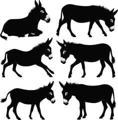 Donkey silhouette vector illustration set collection black on white background