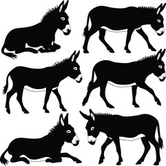 Donkey silhouette vector illustration set collection black on white background