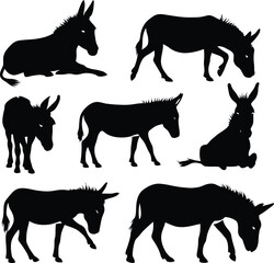 Donkey silhouette vector illustration set collection black on white background