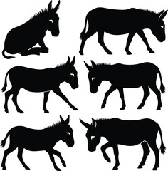 Donkey silhouette vector illustration set collection black on white background