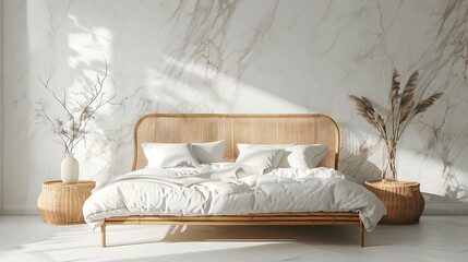 Modern bedroom interior mock-up with wooden rattan bed