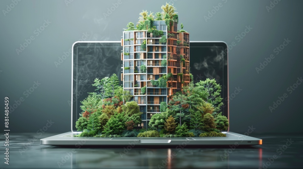 Poster detailed 3d digital model of a high-rise building displayed on a laptop. concept of future of techno