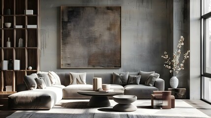 Living room interior with wall mockup and wall art