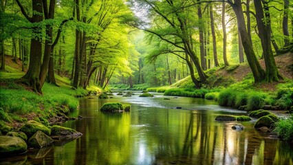 Obraz premium Peaceful stream flowing through lush green forest , nature, tranquil, serene, creek, wilderness, trees, foliage, landscape