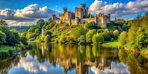 Majestic medieval castle on a hill overlooking the River Avon in England, Warwick Castle, history, architecture, fortress