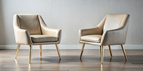 Obraz premium Modern beige accent chairs with champagne-colored metallic legs, providing a sleek and stylish seating arrangement