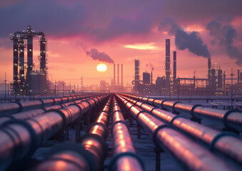Industrial landscape at sunset: Pipes and oil refineries against a dramatic sky.Design for sites dedicated to energy, ecology, oil and gas industry 
