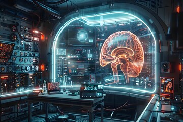 A computer monitor displays a brain with red and blue colors