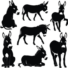 Donkey silhouette vector illustration set collection black on white background