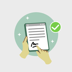 Vector illustration of digital electronic signature, hand holding tablet to sign digital document