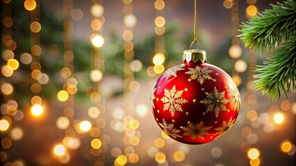 Fototapeta premium Isolated Christmas bauble decoration hanging at home , festive, holiday, red, green, silver, shiny, ornament, decoration