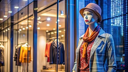Mannequin wearing trendy outfit in boutique display window, mannequin, shop, fashion, stylish, clothing, display, window